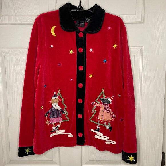Vintage Sportelle Christmas Cardigan Sweater Women's Size Medium Embroidered Red - Picture 10 of 11